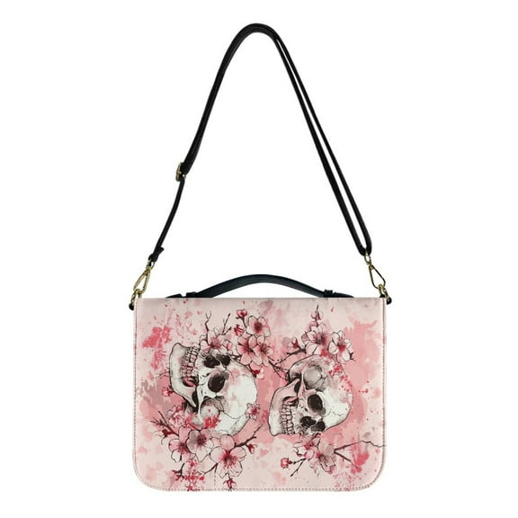 Kuiaobaty Skull Cherry Blossom Pattern Bible Cover with Handle and Shoulder Strap, PU Leather Carrying Case Tote Bag Waterproof Church Bag Book Accessories Christian Gift for Women Men, 2XL