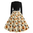 thumbnail image 5 of Women's Halloween Dress Ghost Pumpkin Crew Neck 1950s Cocktail Fall Tea Length Dress Long Sleeve Hepburn Retro Classic Dresses with Belt S, 5 of 5