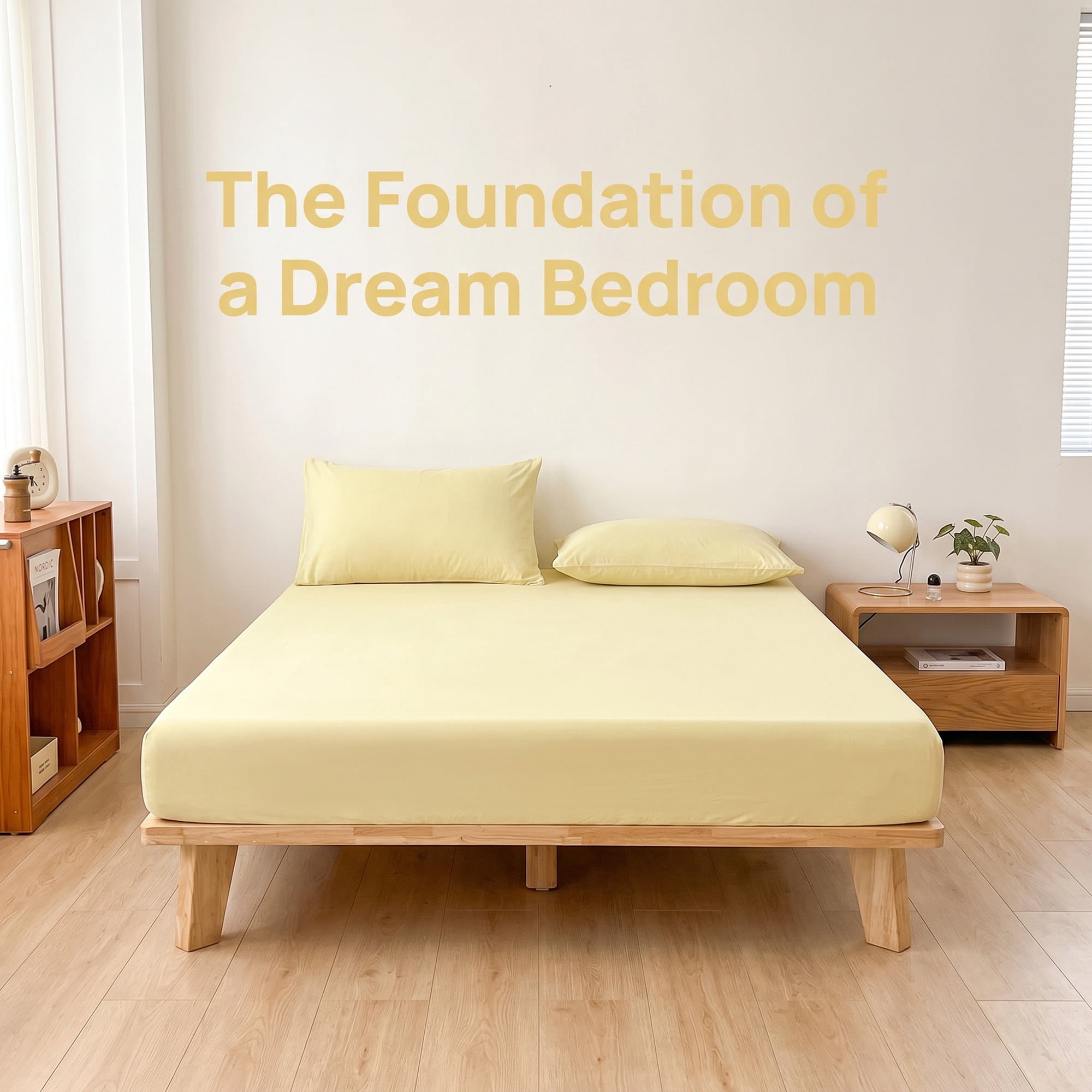 Unique Bargains Fitted Sheet Solid Cotton Bed Sheets Breathable Creamy yellow 60.2"x79.9"