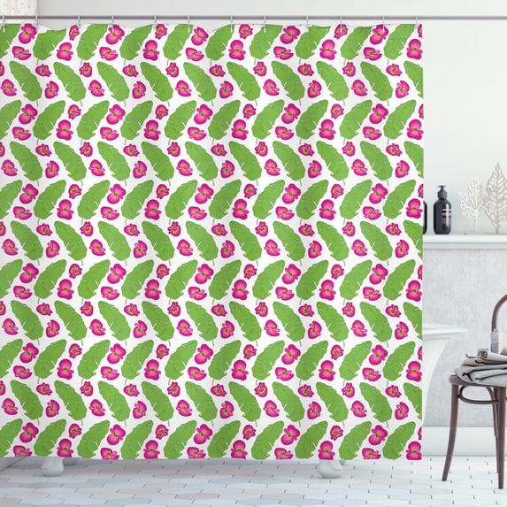 Banana Leaf Shower Curtain, Botanical Concept Tropical Fowers and Foliage Striped Banana Leaves, Fabric Bathroom Set with Hooks, 69W X 84L Inches Extra Long, Lime Green and Magenta, by Ambesonne