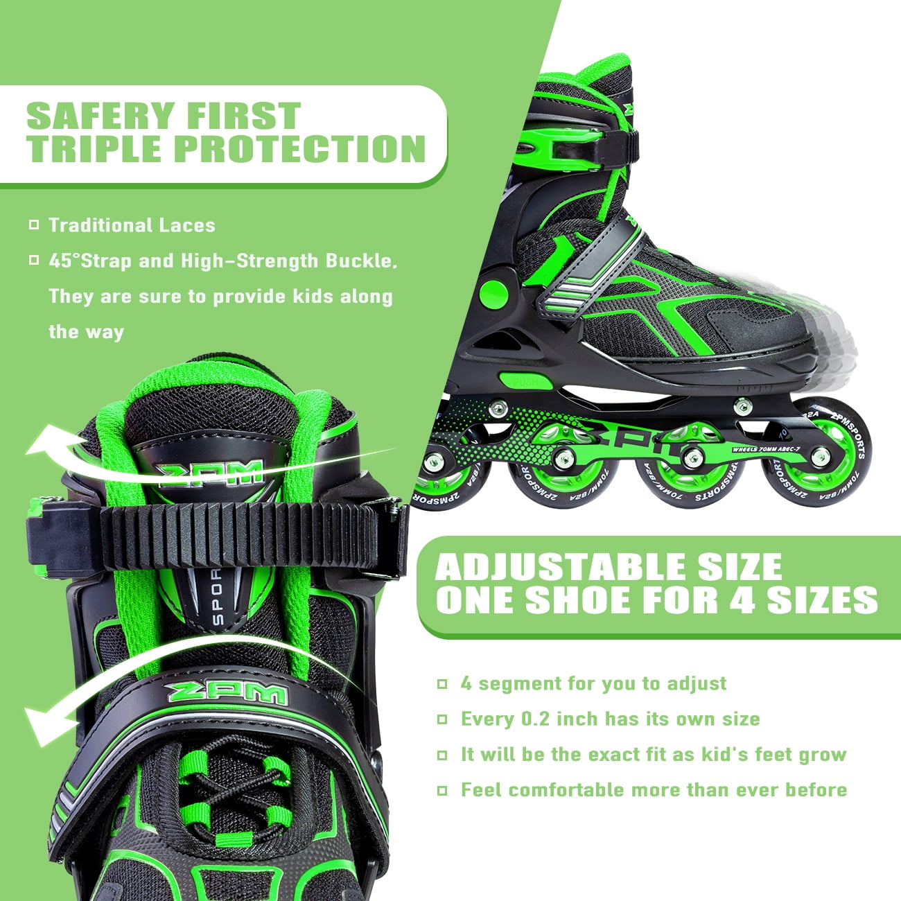 2PM SPORTS Unisex Adjustable Inline Roller Skates, Green and Black, 5.31 in
