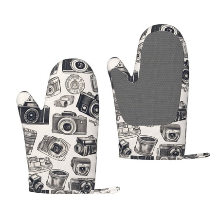 ZNDUO Kitchen Oven Gloves, Durable Heat Resistant Oven Gloves with Quilted Liner Non-Slip Textured Grip Perfect for BBQ, Baking, Cooking and Grilling, Vintage Cartoon Camera