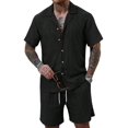 thumbnail image 3 of Men'S Camp Collar Jacquard Button Up Shirt and Drawstring Shorts Two Piece Outfit Black XL, 3 of 9
