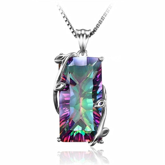 Multicolor Luxurious 15.2ct Rectangle Genuine Mystic Quartz Pendant Necklaces for Women, 14K White Yellow Rose Plated Gold 925 Sterling Silver Natural Gemstones, 18 Inches Chain