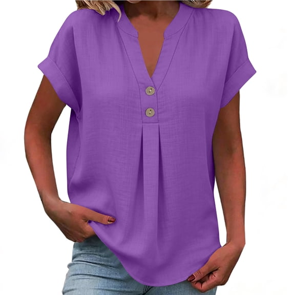 qucoqpe Summer Linen Tunic Tops for Women Fashion Casual Solid Color Button Up Crew Neck Short Sleeve Blouses Trendy Loose Office Shirts