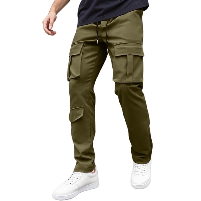 Men's Solid Color Cargo Pant with Drawstring Waist and Functional Pockets for Everyday Casual Wear Straight Leg Design