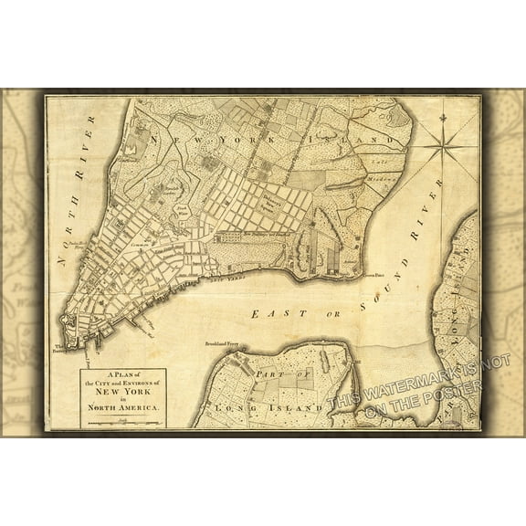24"x36" Gallery Poster, New York City Map 1776. Map has had border cropped and color adjusted from original