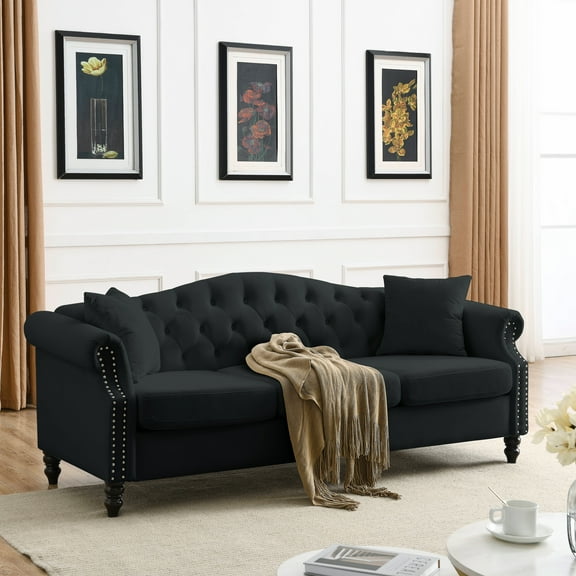 79" Sofa Black Velvet for Living Room, 3 Seater Sofa Tufted Couch with Rolled Arms and Nailhead for Living Room, Bedroom, Office, Apartment, two pillows
