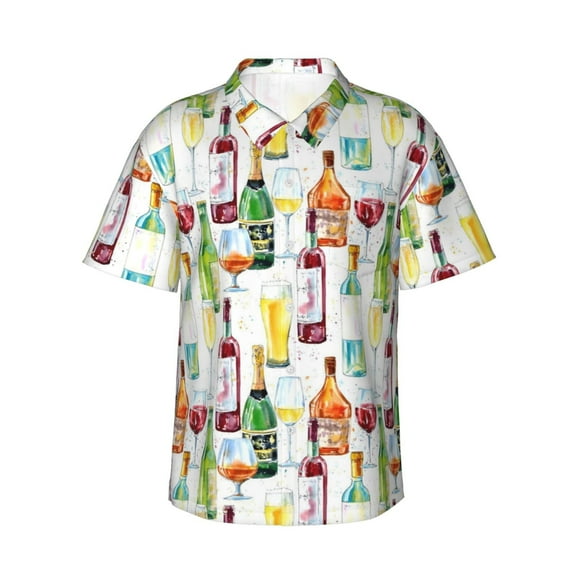 Men's Casual Short Sleeve Button-Down Hawaiian Shirts,Champagne Wine Beer Glass Shirts Regular Fit Beach Bowling Shirts with Front Pocket,XL