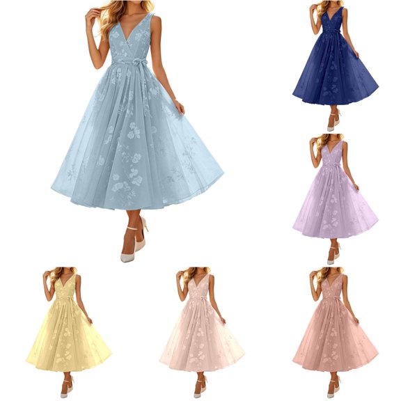 SONXAHE Floral Lace Midi Dress For Women Wrap V Neck Waist Tie Tulle Skirt Bridal Long Dress
