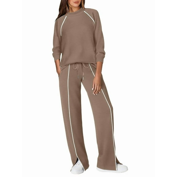 Lounge Sets for Women 2 Piece Fall Outfits Wide Leg Pants Matching Sets Womens Clothing Apricot M