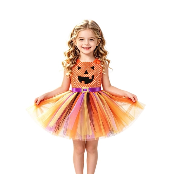 Toddler Girls Halloween Dress Pumpkin Lantern Mesh Back Bowknot Sleeveless Summer Dresses Girls Size 4-5T