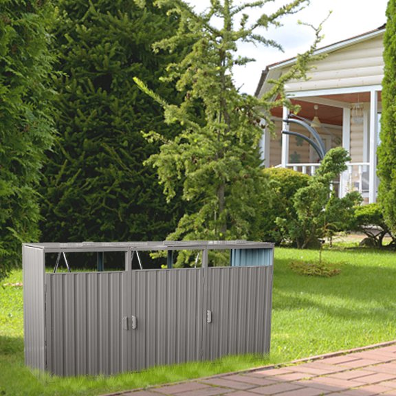 3 Outdoor Trash Cans Storage, Horizontal Storage Cabinet Waterproof with Lid, Stainless Galvanized Steel, Garbage Can Storage Bicycle Sheds for Garden Yard Lawn, Grey
