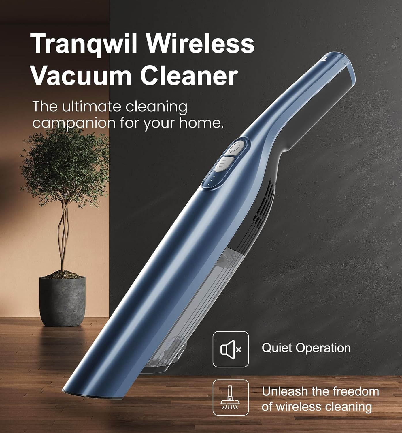 Tranqwil Cordless Handheld Vacuum, Lightweight & Powerful Suction, Charging Dock, One-Touch Empty for Home & Car, Guiding Lights with Versatile Attachments