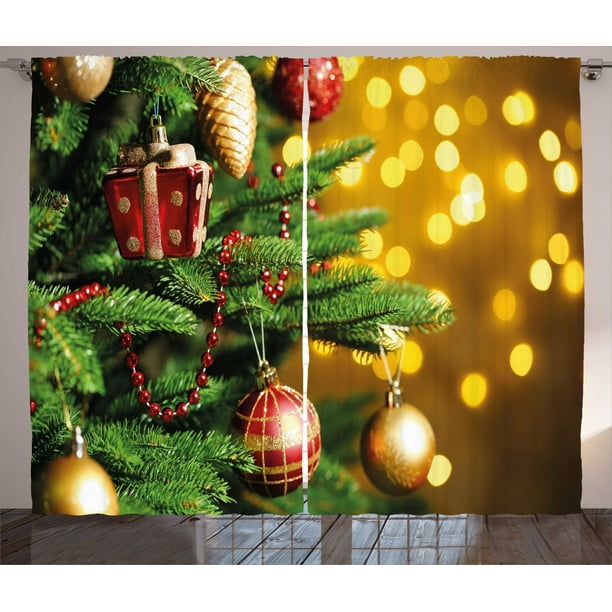 Christmas Curtains 2 Panels Set, Close Up Decorated Christmas Tree