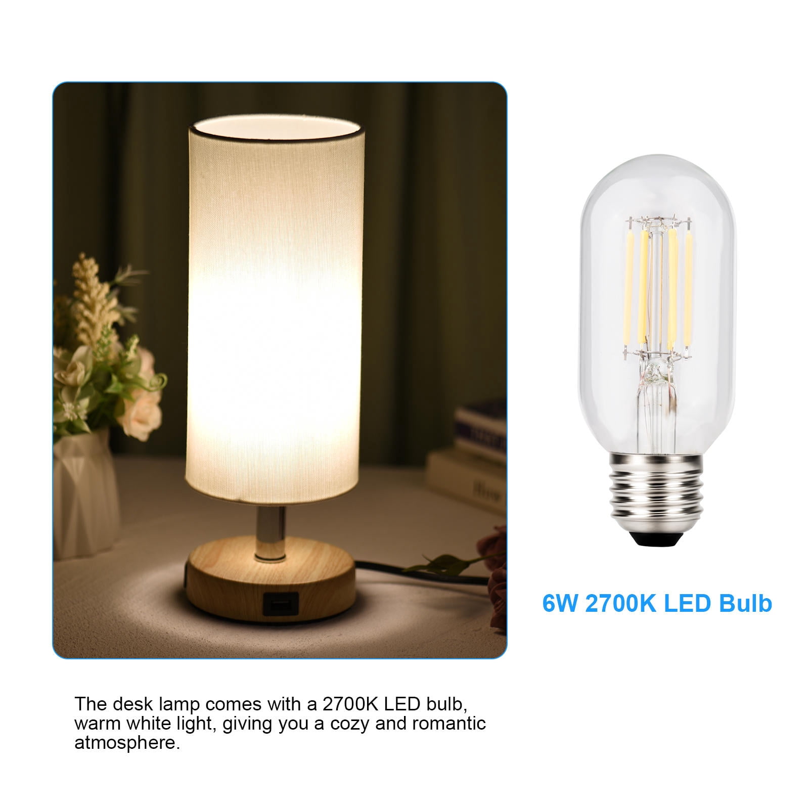 YAHHU Touch‑Control Table Lamp with 6W 2700K LED, Dual USB Ports, Fabric Shade – 3‑Level Brightness, Ideal for Bedside & Living Room