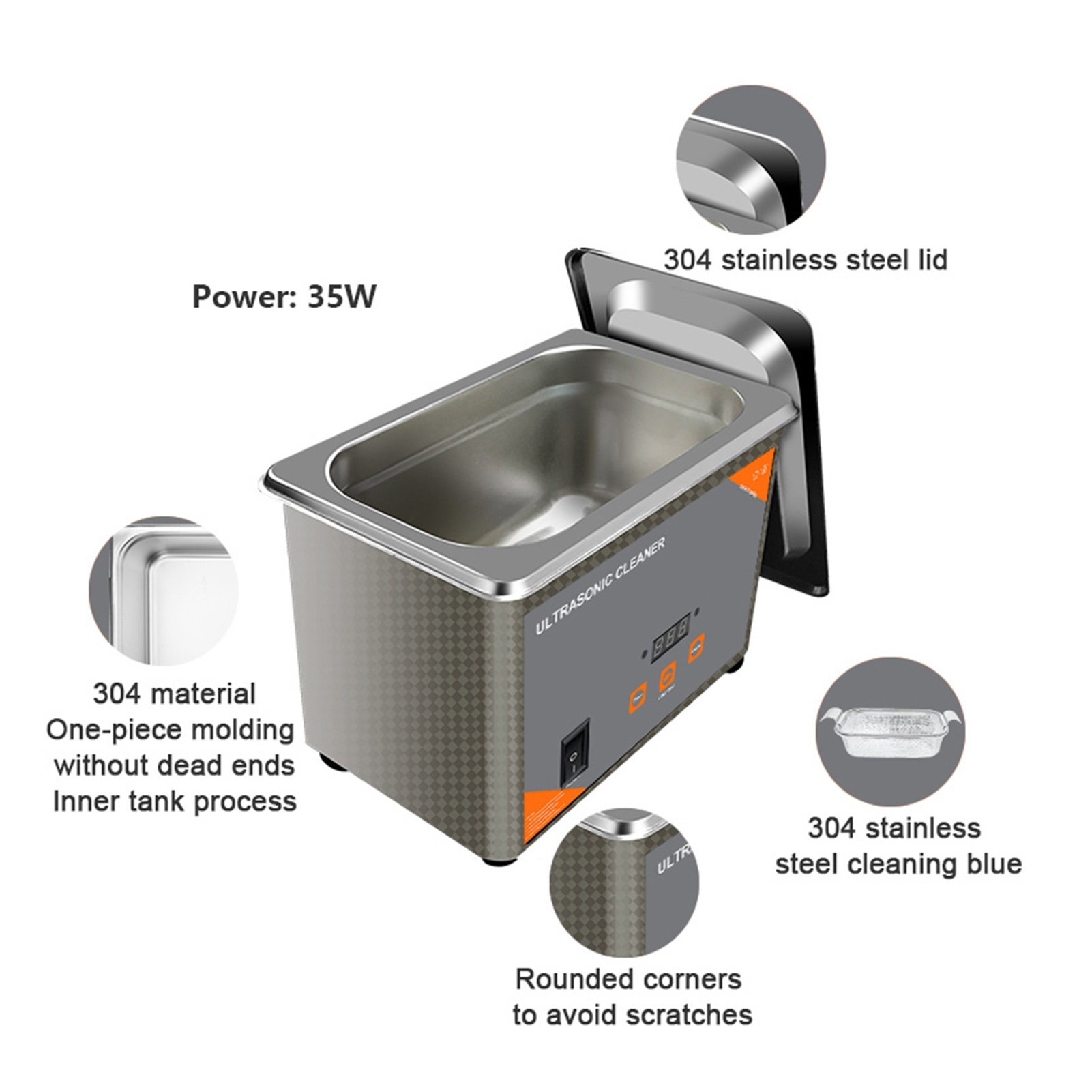 Ultrasonic Cleaner Digital Time 35W Washing Jewelry Necklace Glasses Watch Brush Ultrasound Washer Machine 800ml ,Strong Cleaning