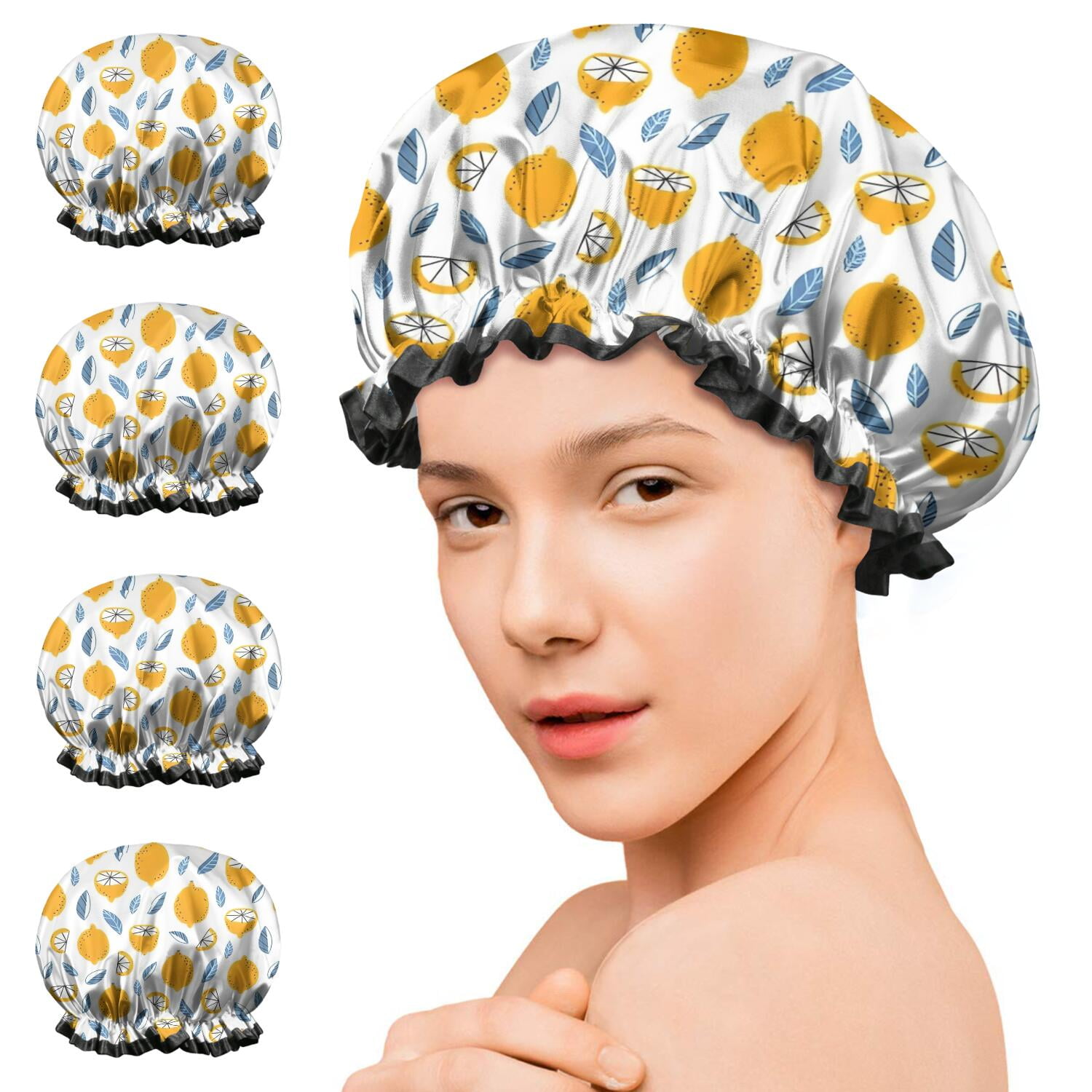 Shower Caps,Yellow Lemon Fruit Slices White Pattern Waterproof Shower Cap for Women 4 Pieces,Double Reusable Hair Cover for Shower PEVA Elastic Stretch Hem