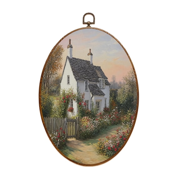 Country Canvas Wall Art French Country Farmhouse Cottage Garden Classical Vintage Nature Landscape Oval Framed Canvas Prints Vintage Wall Hanging Decor for Home Decorations 8.6"x11.4"