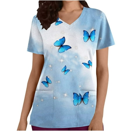 

Ecqkame Women s Working Uniform Nursing Uniform Scrubs Top Fashion V-neck Butterfly Print Short Sleeve Pocket Coverall Top on Clearance Dark Blue S