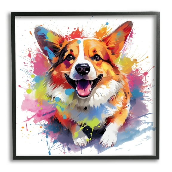 Stupell Industries Happy Corgi Modern Splatter Animals & Insects Painting Black Framed Art Print Wall Art, 24 x 24
