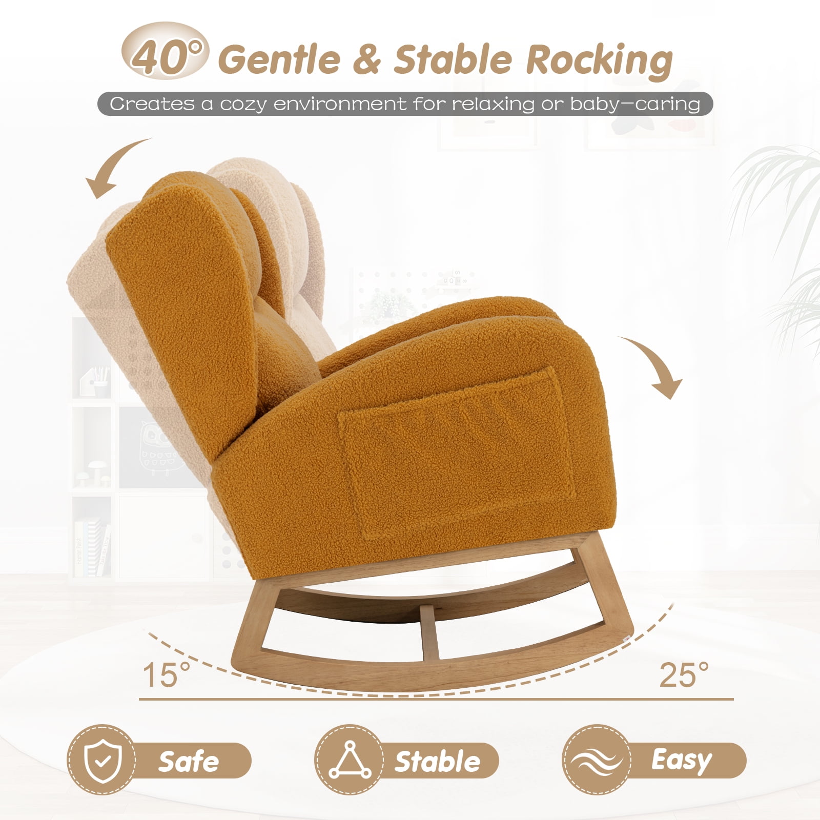 Lunale Indoor Rocking Chair, Upholstered Accent Rocker Chair with Wood Legs, Yellow Teddy