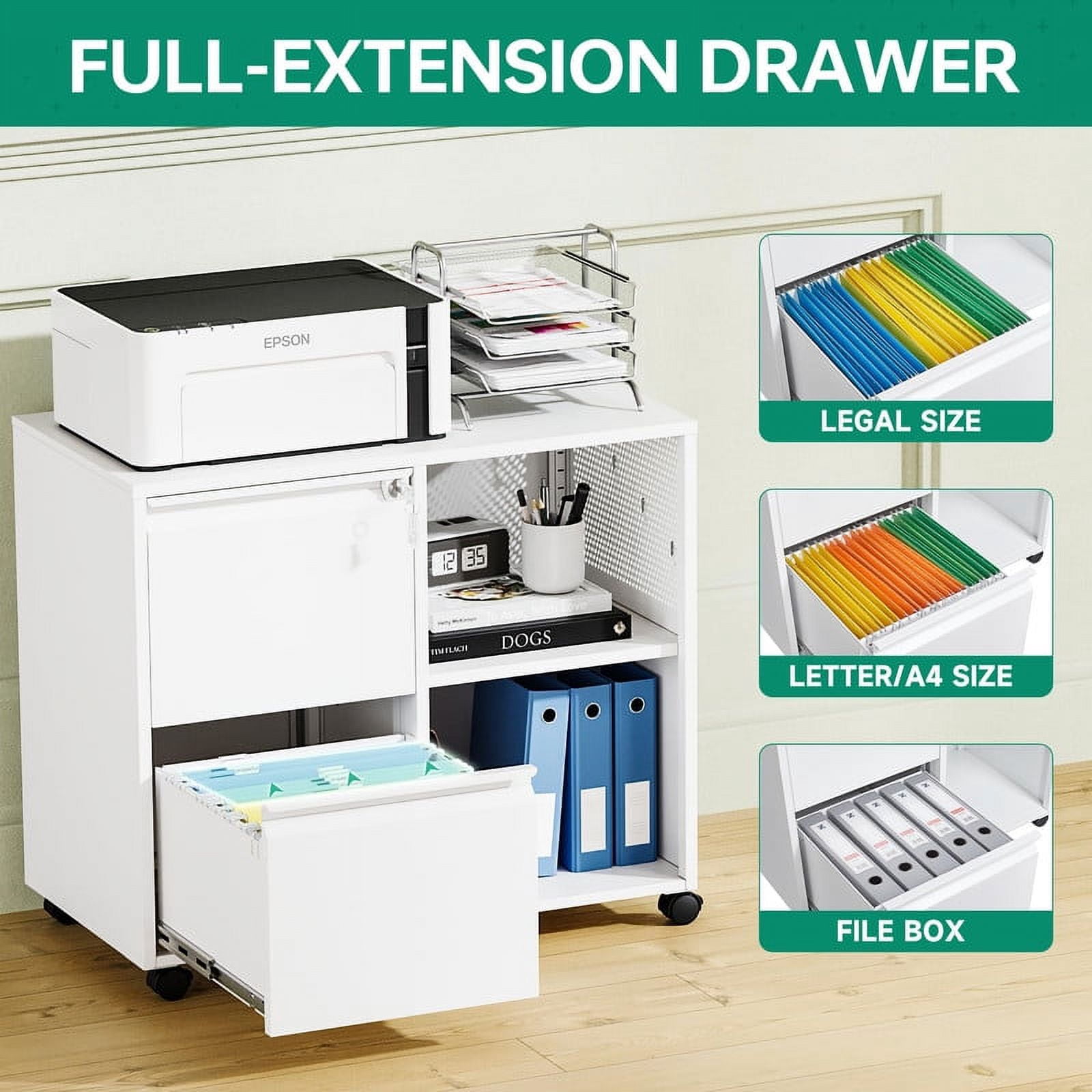 Fesbos File Cabinet with Lock, Metal Rolling Storage Cabinet for Home Office Organization,2 Drawer Lateral Filing Cabinet with Hooks for Letter/Legal/A4 Size