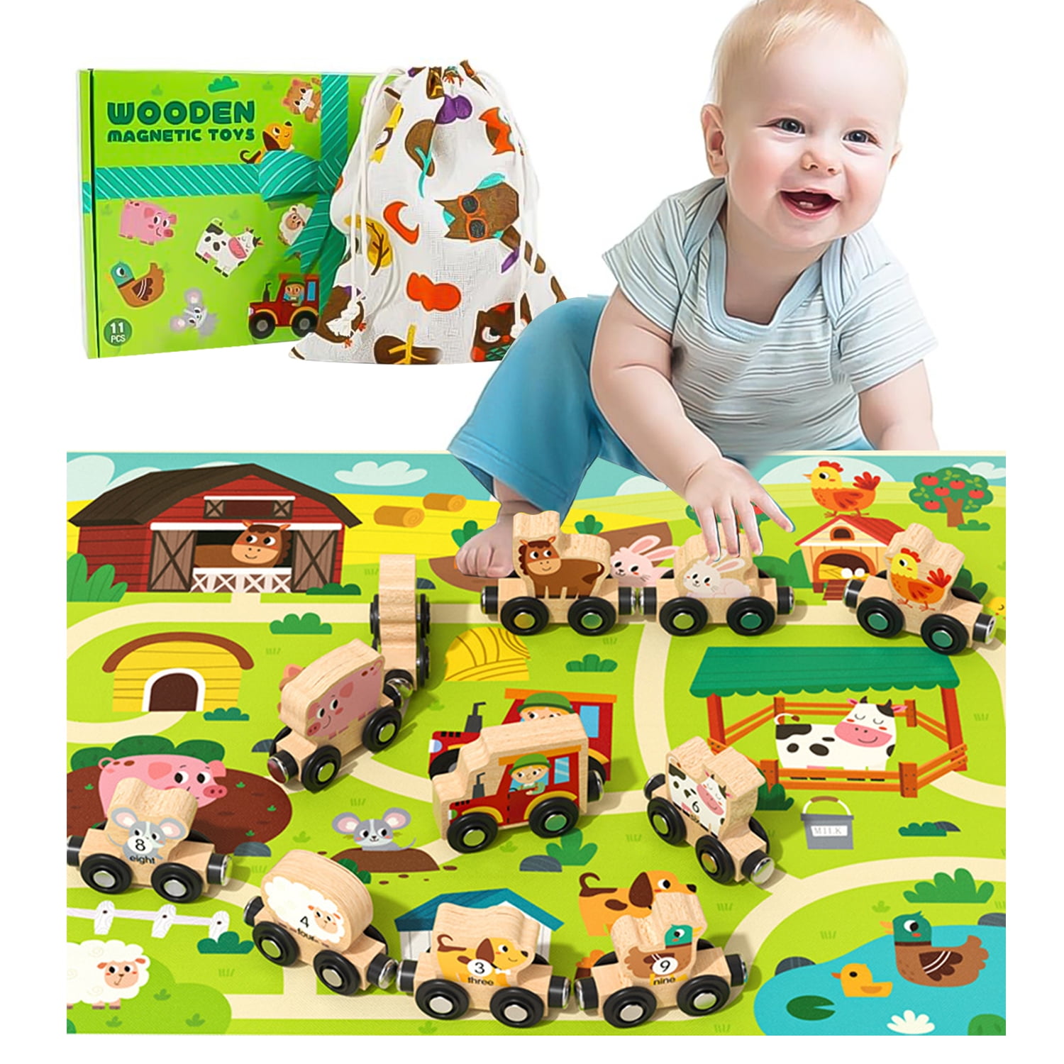 Sytle-Carry Learning Toys for Toddlers 1-3, 11-Piece Magnetic Wooden Animals Train Set, Montessori Toy