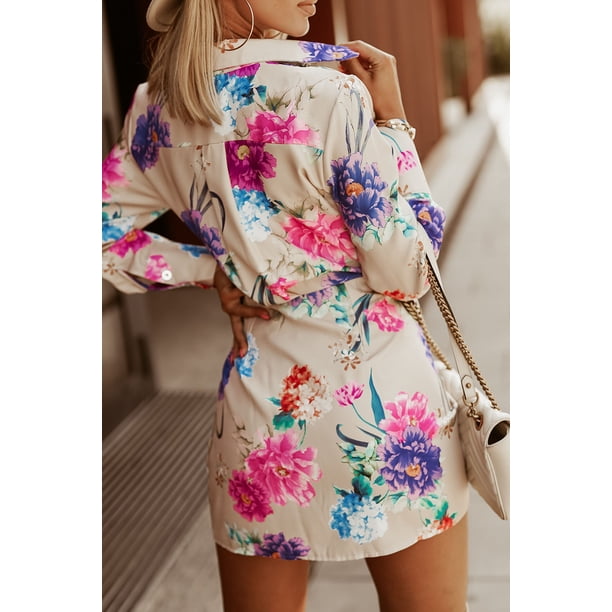 ABPHQTO Minivestido camisero de mujer con lazo cruzado y estampado floral multicolor