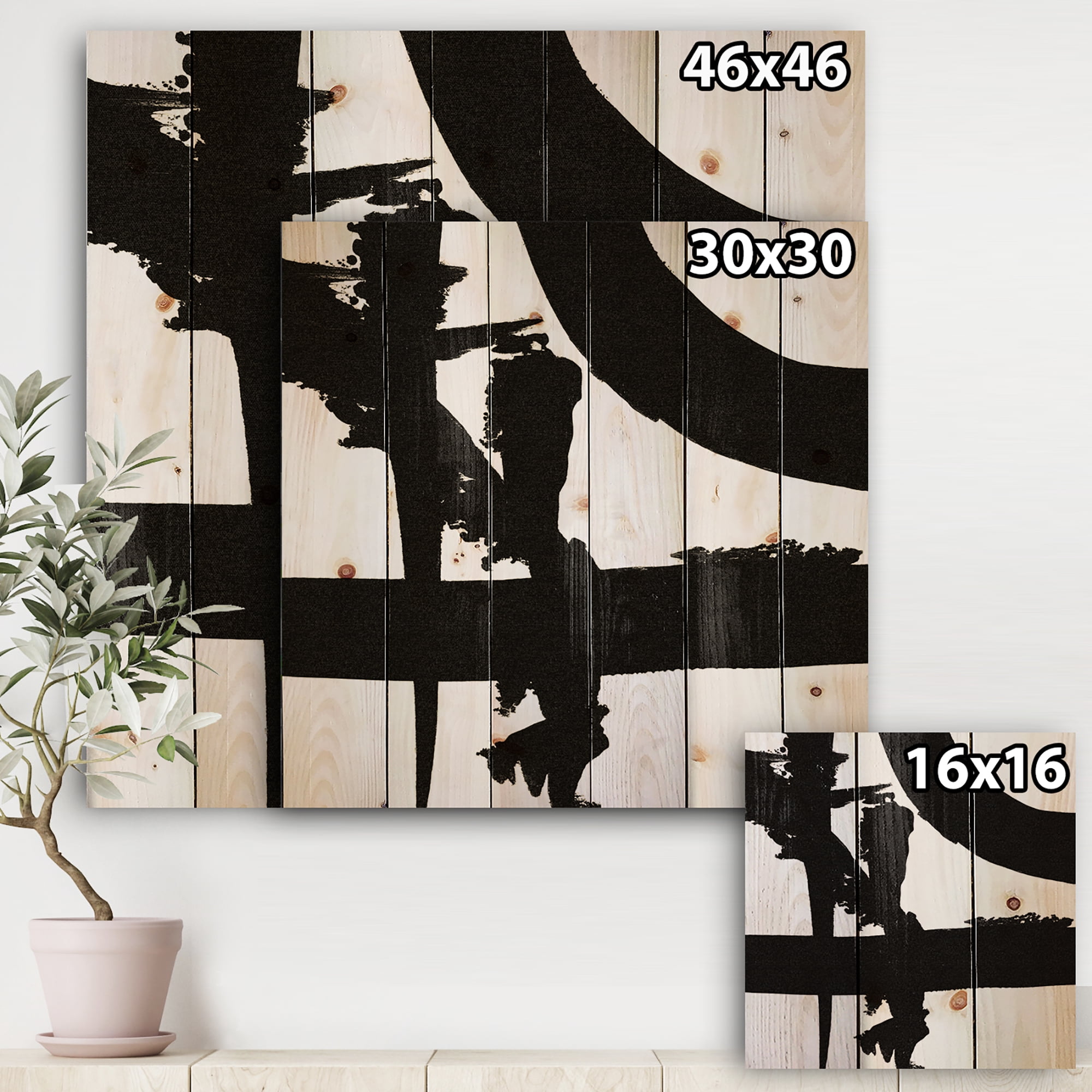 Designart 'Black & White Crossing Paths I' Modern & Contemporary Print on Natural Pine Wood