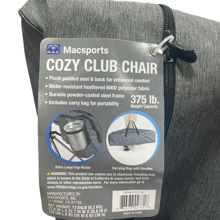 Mac Sports Padded Water Resistant Foldable Cozy Club Chair w Carry Bag Grey