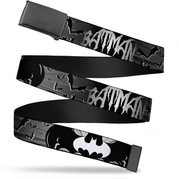 Adjustable Belt, Clamp Buckle, Cut-to-Fit, Batman Bat Signals Flying Bats Black White