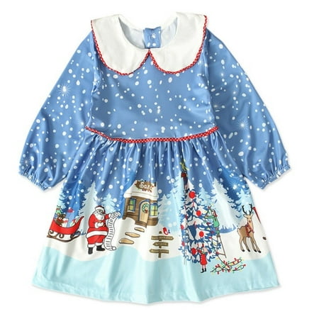 

Xmas Princess Dress Infant Kids Baby Girls Dress Flare Long Sleeve Cartoon Striped Knee Length A-Line Christmas Dress