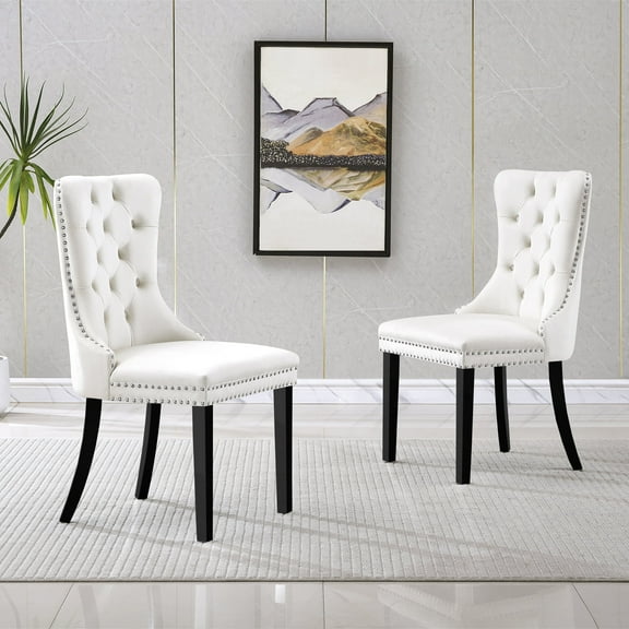 Velvet Dining Chairs Set of 2, Black Wooden Legs, Modern Tufted Velvet Upholstered Backrest with Nailhead Trim, Wing Back with Back Ring Pull, for Dining Room, Living Room, Office