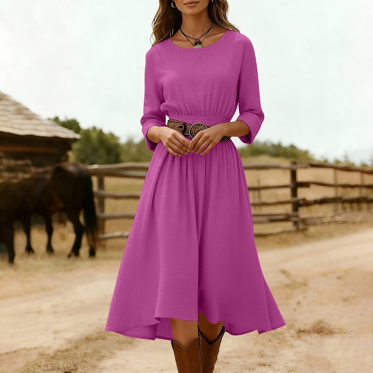 fit and flare midi dress with 3/4 sleeves Investments Scuba Crepe 34 Sleeve Crew Neck Fit And Flare Midi Dress, Womens, 8, Lemon Meringue