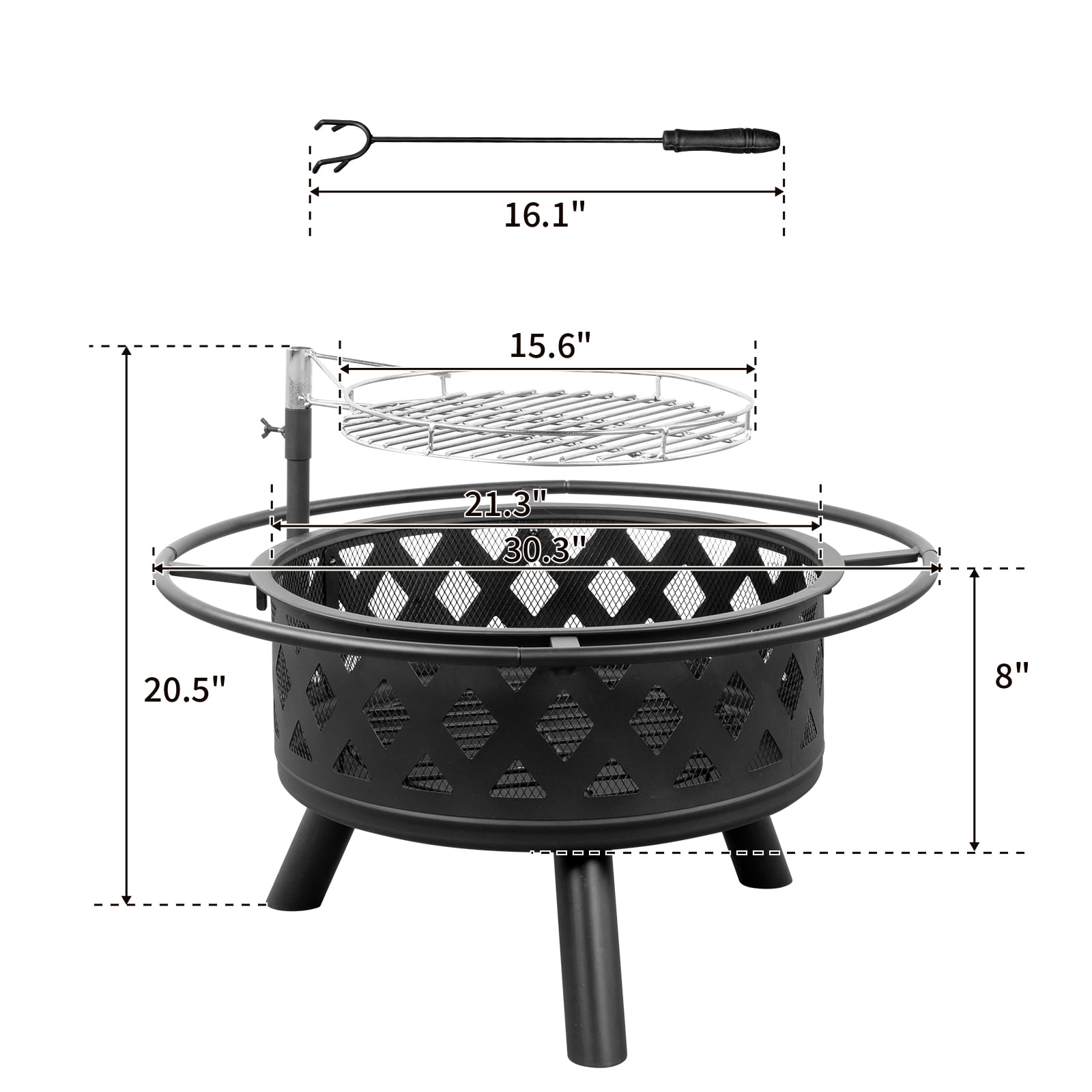 JOYFULIN 30 Inch Fire Pit, Wood Burning Fire Pits for Outside with 15.6'' Adjustable Cooking Grill Grate & Poker for Camping, Outdoor Firepit for Picnic, BBQ Party