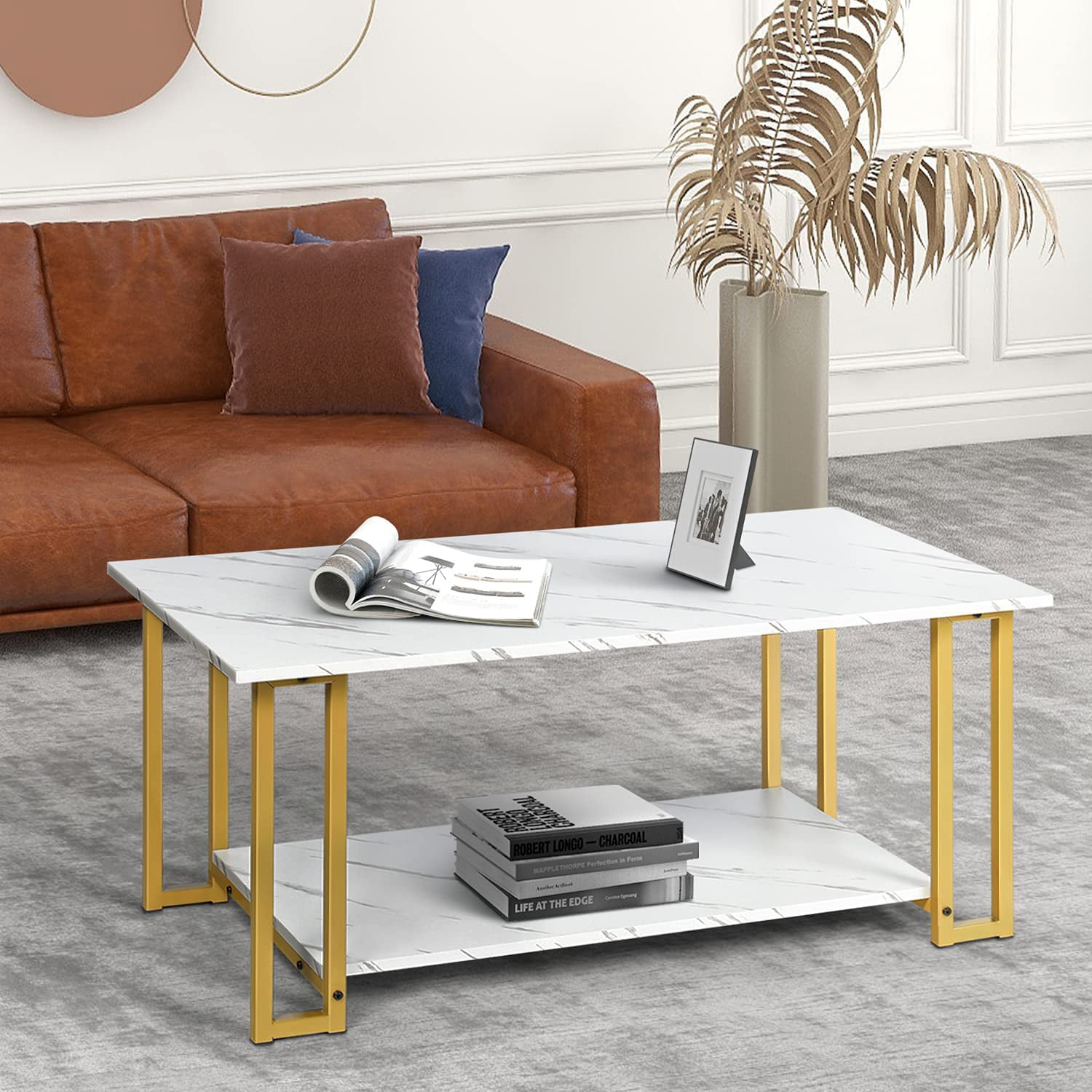 New Modern Rectangle Coffee Table with White Waterproof Desktop and Gold Base 