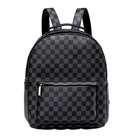 Daisy Rose Checkered Backpack bag - Luxury PU Vegan Leather (Black)