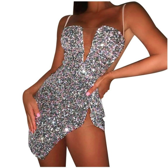 Women's Sparkly Sequins Tight Homecoming Dresses for Teens Spaghetti Strap Irregular Hem Slim Mini Cocktail Dress