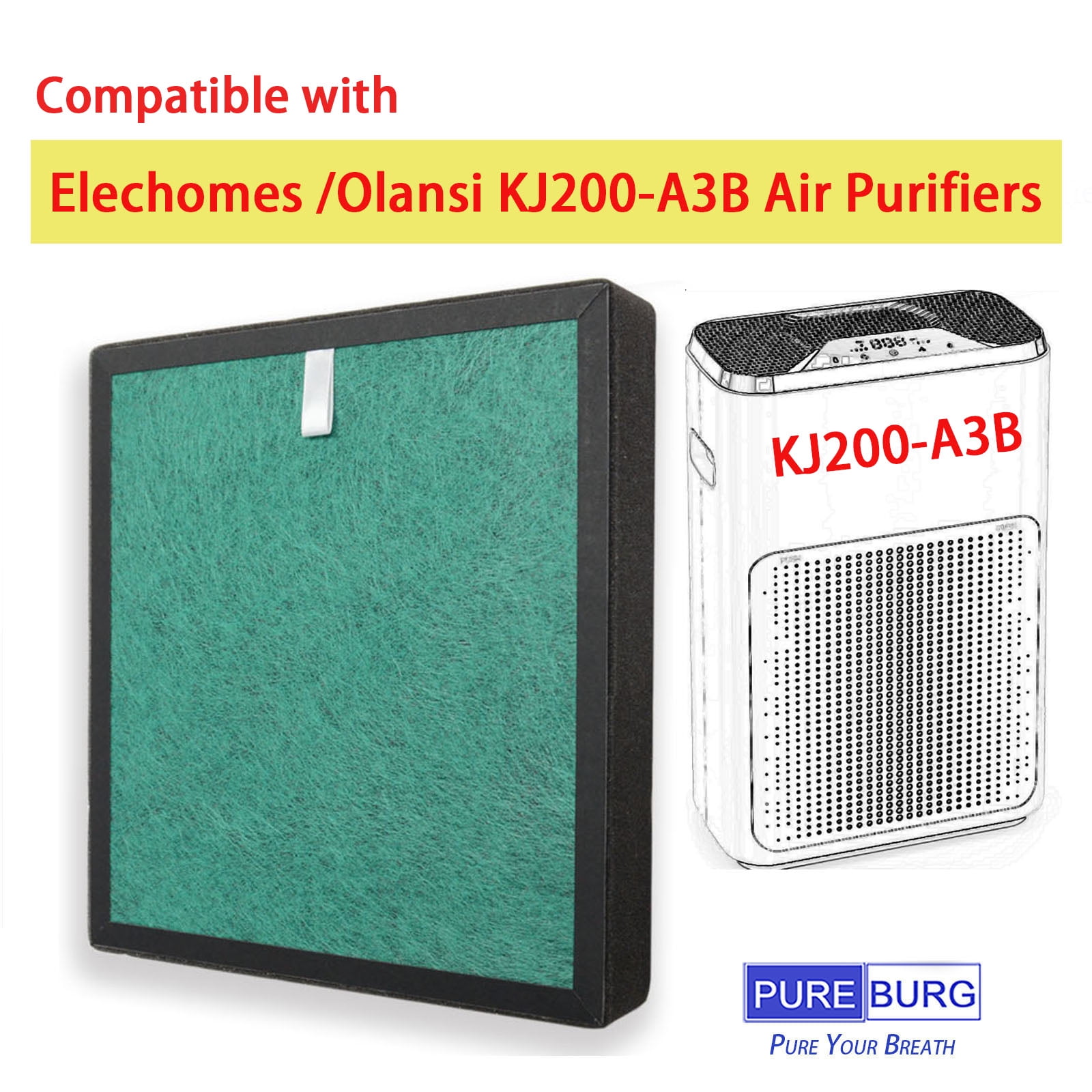 PUREBURG A3B Replacement True HEPA Filters Compatible with Olansi KJ200-A3B , Elechomes A3B, A3B WiFi Air Purifier, Also Compatible with Habitat 280a(e) Air Purifier, 2-Pack