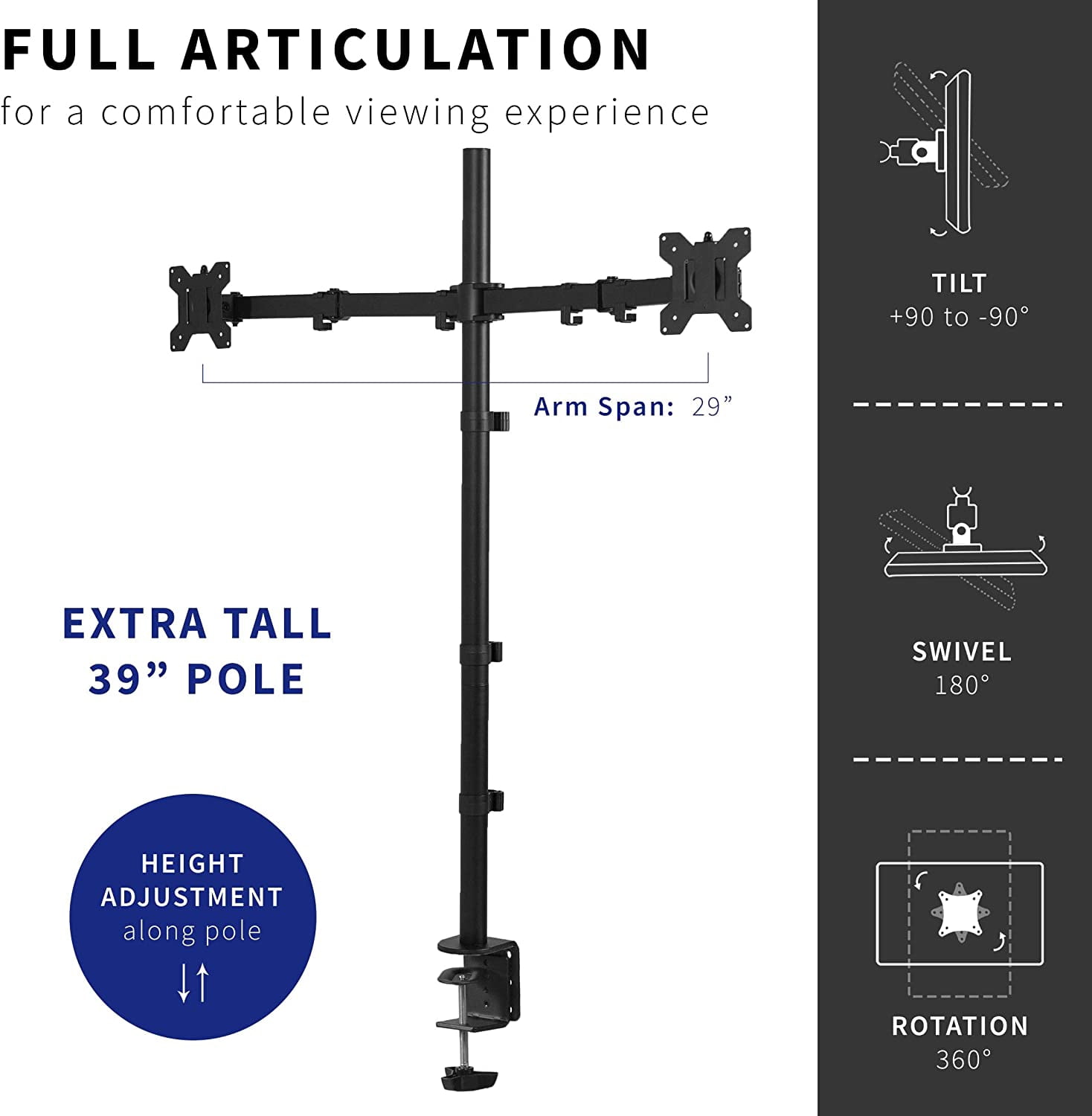 Dual Monitor Stand  Desk Mount  Tall 39 inch Pole Fully Adjustable for 13 to 27 inch Screens Black STAND-V012