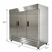 Commercial 81 in Reach-In Refrigerator, 72 Cu Ft, 3 Solid Door Stainless Steel Upright Refrigerator with Self-Closing Doors, Lock & Casters, NSF Commercial Kitchen Refrigerator, Cooler Depot