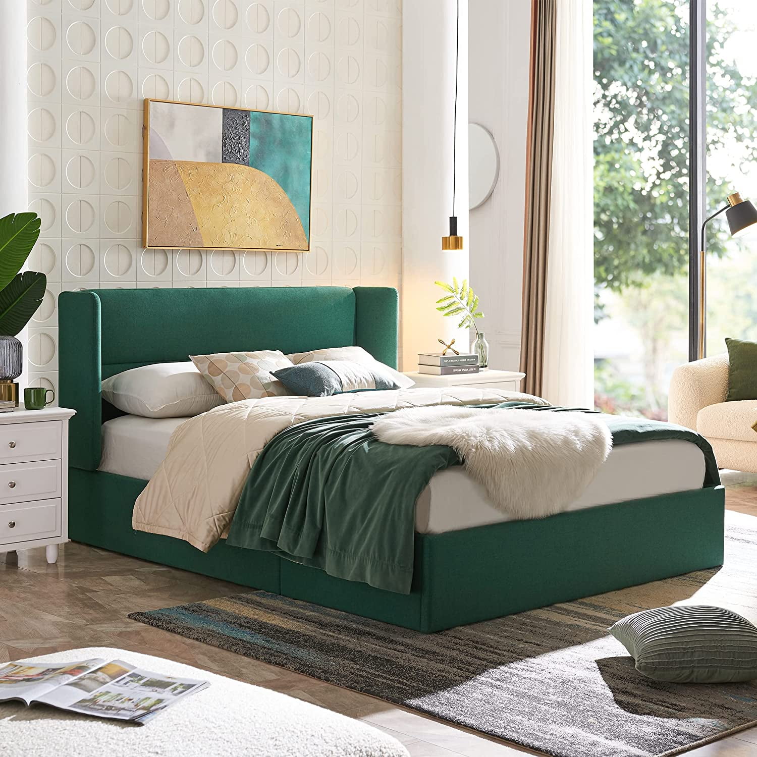 Relax & Rejuvenate Queen Size Lift up Storage Bed, Upholstered Platform Bed Frame with Modern Linen Fabric Wingback Headboard, Wood Slats Support, Noiseless, Easy Assembly, No Box Spring Needed, Blue
