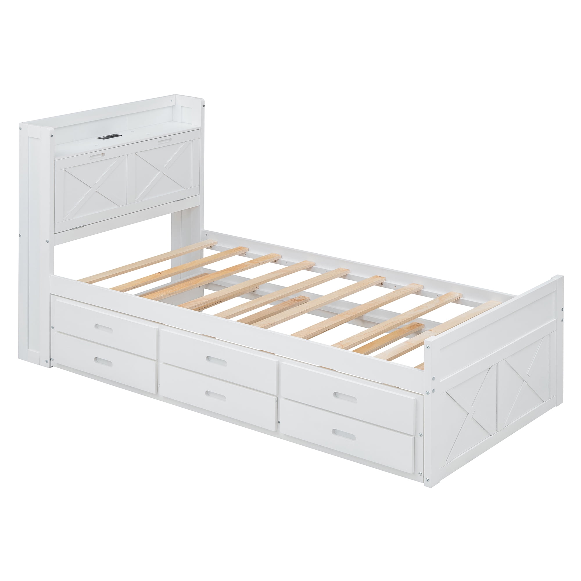 Mintazer Farmhouse Twin Bed with Trundle & 3 Drawers, Extendable Platform Bed with Headboard Storage & Charging Station for Bedroom, White