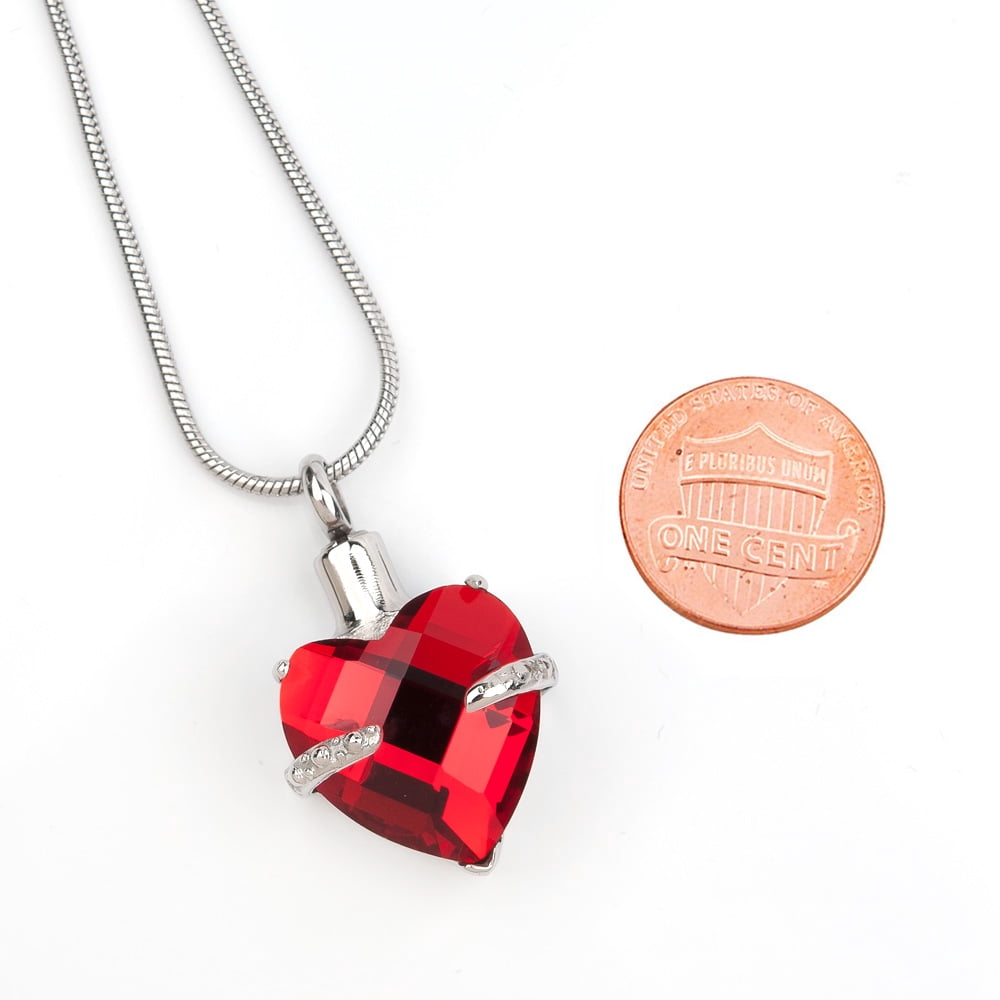 Cremation Urn Necklace For Human Ashes Urn Necklace With Birthstone Crystal Heart Memorial Jewelry with Free Funnel Kit and Velvet Jewelry Box (July)