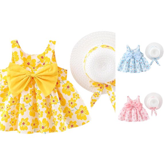 WhouRiu Baby Girls Summer Beach Dress Casual Sleeveless Floral Print Swing Dresses With Straw Hat Kids Comfortable Cute Sundress,18-24 Months