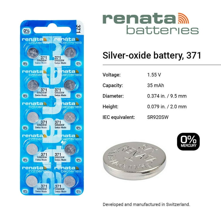 Renata 371 SR920SW Batteries - 1.55V Silver Oxide 371 Watch Battery (2  Count) 