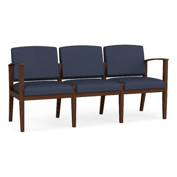 Amherst Wood Reception Waiting Room Healthcare 3-Seat Chair / Walnut Wood / Blue