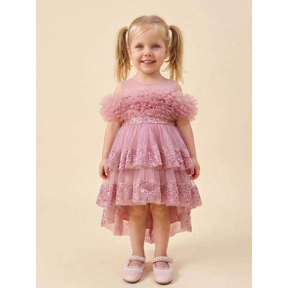 Kids Girls Tulle Ball Gown Shiny Sequins Round Neck High Low Party Dresses for Birthday Wedding Dress