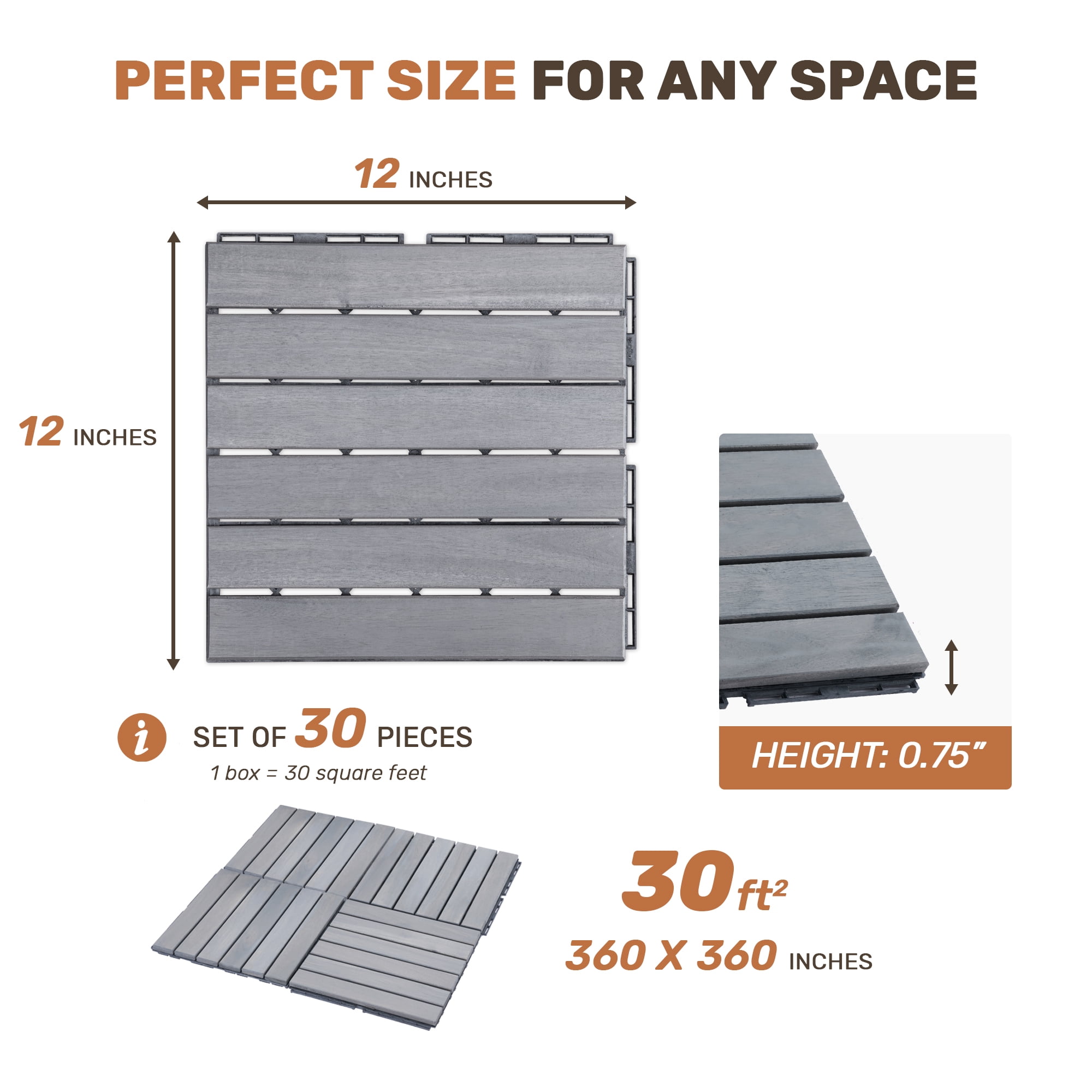 Acacia Wood Deck Tiles, 30 PCS 12x12 Inch Striped Hardwood Tiles for Patio Balcony Backyard Garden, Light Gray